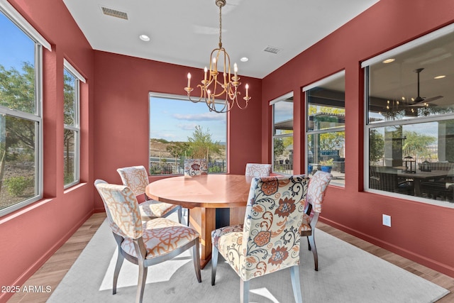 dining room with recessed lighting, a notable chandelier, visible vents, and light wood-style floors