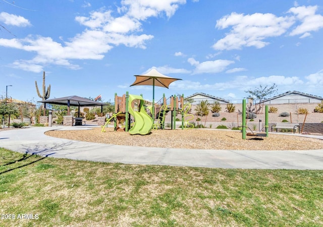 view of playground with a gazebo and a yard