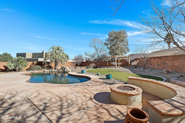 view of pool featuring an outdoor fire pit, a patio, and a pergola