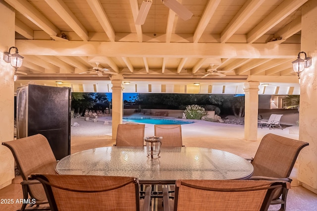 13108 N 76th St, Scottsdale, AZ 85260 - view of patio / terrace featuring ceiling fan, outdoor dining space, and an outdoor pool