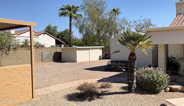 view of yard featuring a storage unit