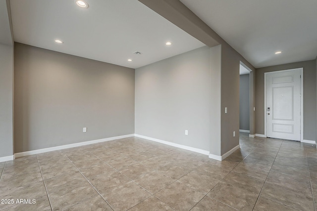 unfurnished room with recessed lighting, visible vents, baseboards, and light tile patterned floors