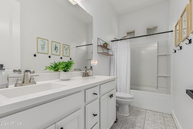 full bathroom with tile patterned flooring, shower / bath combination with curtain, vanity, and toilet