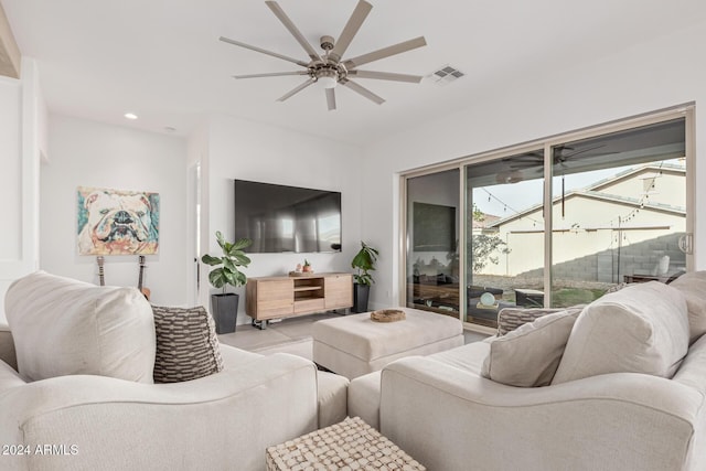 living room with ceiling fan