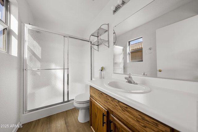 bathroom featuring vanity, wood-type flooring, a shower with door, and toilet