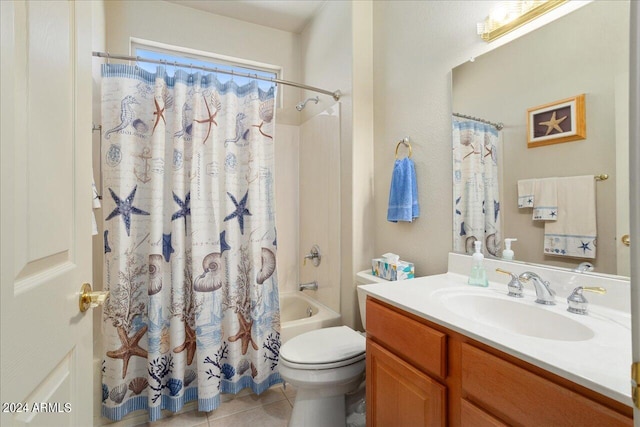 full bathroom with vanity, shower / bath combo, toilet, and tile flooring