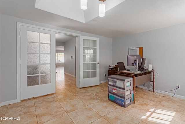 office area with french doors and light tile patterned floors