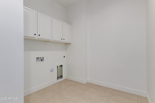 laundry room with electric dryer hookup, cabinet space, hookup for a gas dryer, baseboards, and washer hookup