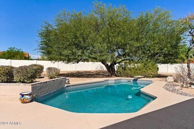 view of swimming pool featuring a diving board