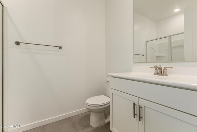 22568 E Rosa Rd, Queen Creek, AZ 85142 - bathroom with vanity, toilet, tile patterned floors, a shower with door, and baseboards