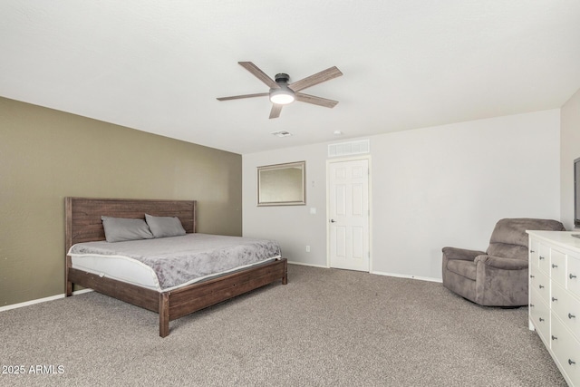 bedroom featuring baseboards, carpet floors, ceiling fan, and visible vents
