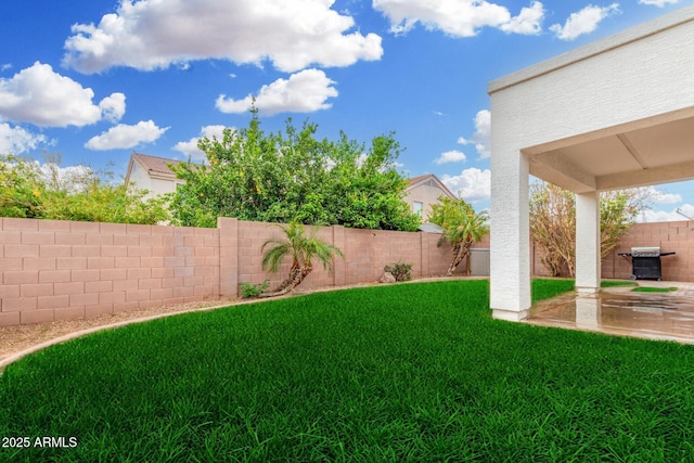 view of yard with a fenced backyard and a patio area