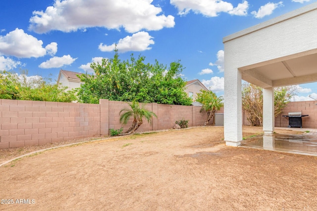 view of yard with a fenced backyard and a patio area