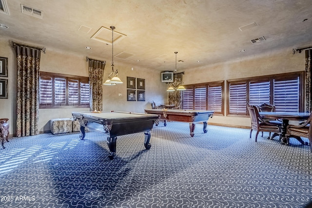 rec room featuring carpet floors, plenty of natural light, and pool table