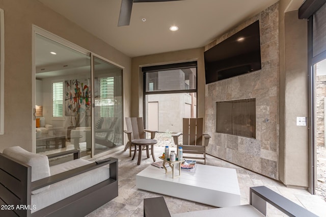 living room with a fireplace