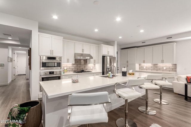 kitchen featuring stainless steel appliances, sink, white cabinets, and a large island with sink