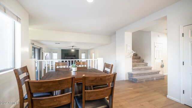 dining area with ceiling fan and light wood-type flooring