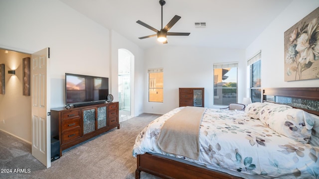 bedroom featuring carpet, high vaulted ceiling, and ceiling fan