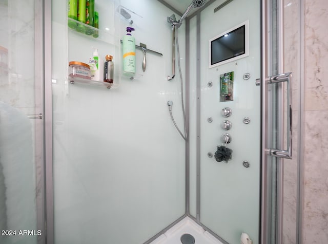 bathroom featuring a shower with shower door