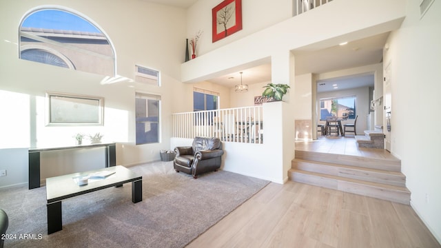 living room with a high ceiling and light hardwood / wood-style flooring