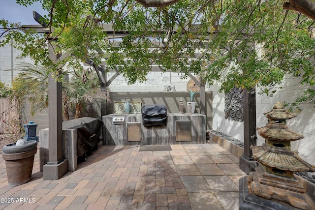 view of patio / terrace featuring an outdoor kitchen, area for grilling, and fence