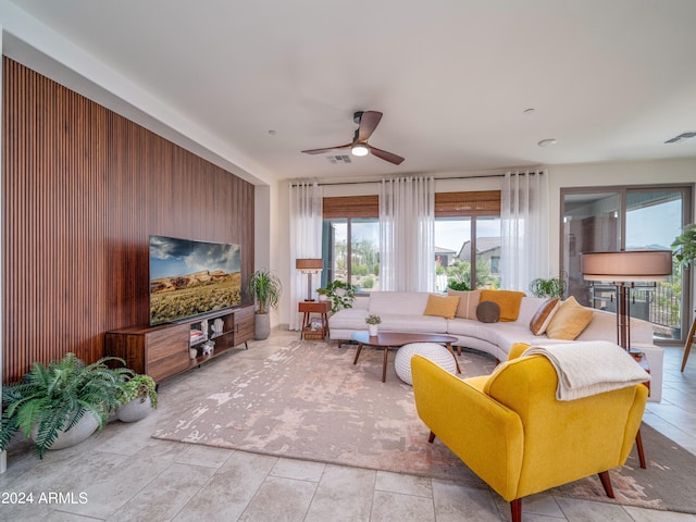 living room with ceiling fan