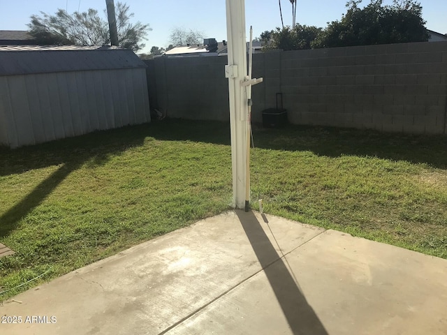 view of yard featuring a storage unit and a patio area