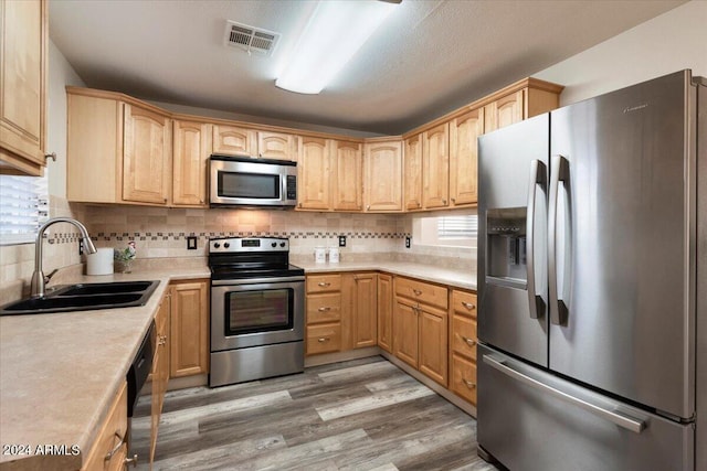 kitchen featuring sink, tasteful backsplash, light wood-type flooring, appliances with stainless steel finishes, and a wealth of natural light