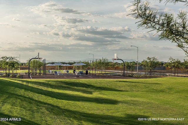 view of home's community with community basketball court and a lawn
