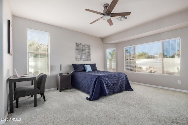 bedroom with ceiling fan and carpet floors