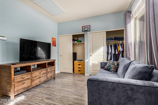 living room featuring hardwood / wood-style flooring and a skylight