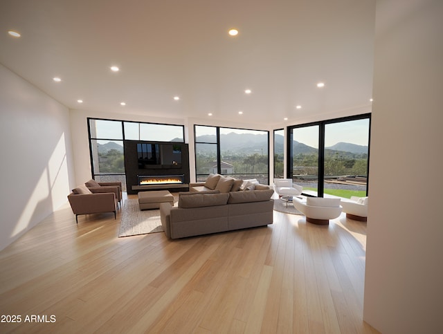 living room with a wall of windows and light wood-type flooring