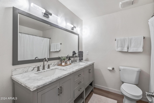 bathroom featuring toilet, vanity, and wood-type flooring