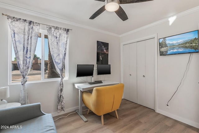 office with light wood-type flooring, ceiling fan, and crown molding