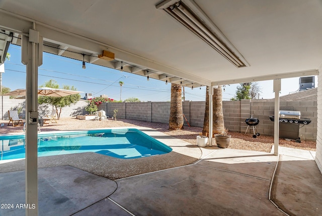 view of swimming pool with area for grilling and a patio