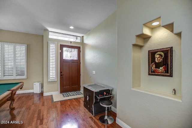 entryway with billiards and wood-type flooring