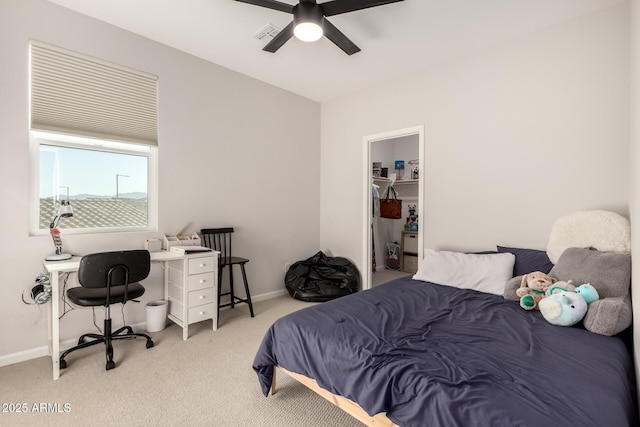 bedroom with carpet flooring, ceiling fan, visible vents, and baseboards