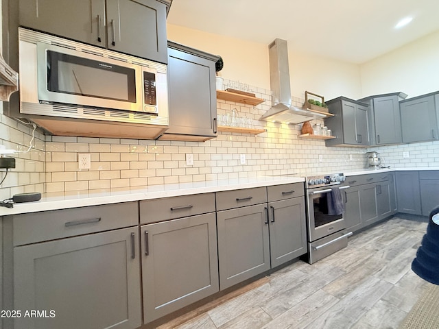 218 N Palm St, Gilbert, AZ 85234 - kitchen with island range hood, stainless steel appliances, open shelves, and gray cabinetry