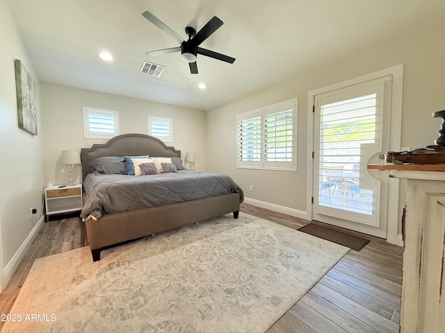 218 N Palm St, Gilbert, AZ 85234 - bedroom featuring wood finished floors, baseboards, access to outside, recessed lighting, and ceiling fan