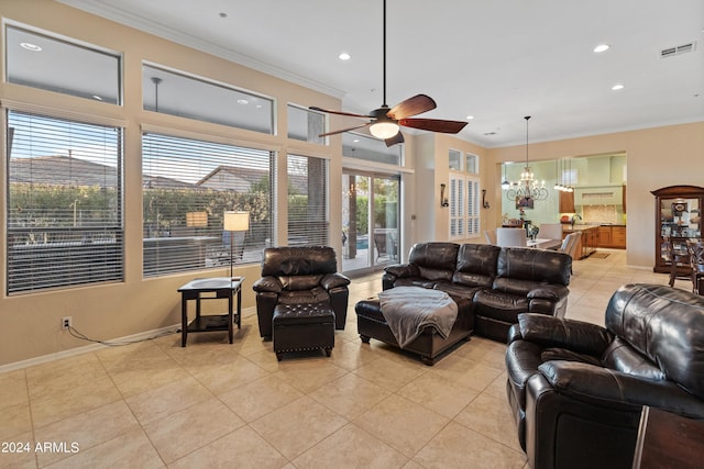 tiled living room with crown molding and ceiling fan with notable chandelier