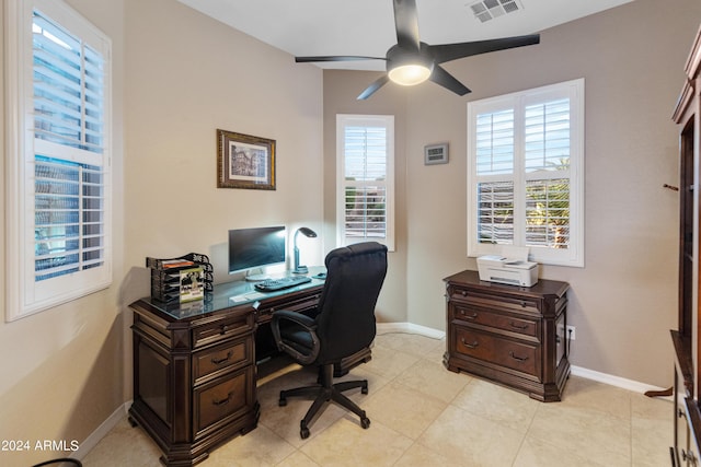 tiled office with ceiling fan