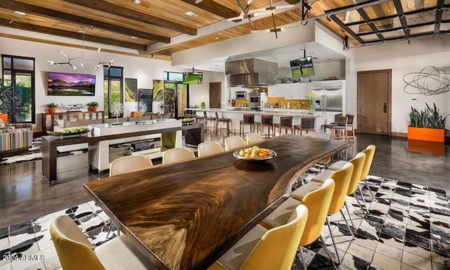 dining room featuring wooden ceiling and beam ceiling