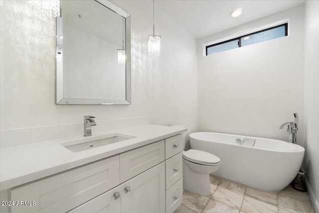 7222 E Gainey Ranch Rd Unit 241, Scottsdale, AZ 85258 - bathroom featuring a freestanding bath, vanity, marble look tiles, and toilet