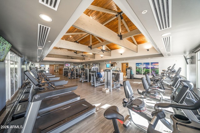 3055 N Red Mtn Unit 95, Mesa, AZ 85207 - workout area with healthy amount of natural light, wood ceiling, wood finished floors, ceiling fan, and recessed lighting