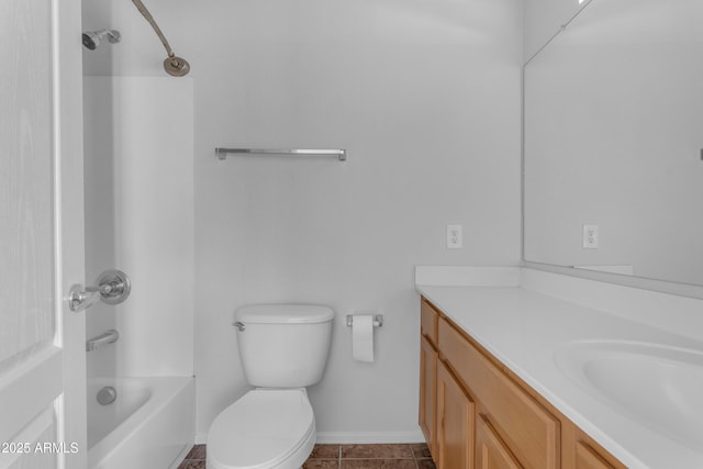 full bath with vanity, baseboards, bathing tub / shower combination, toilet, and tile patterned floors