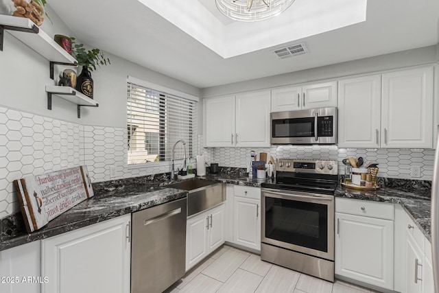 7575 E Indian Bend Rd Unit 1142, Scottsdale, AZ 85250 - kitchen featuring stainless steel appliances, open shelves, a sink, and white cabinets
