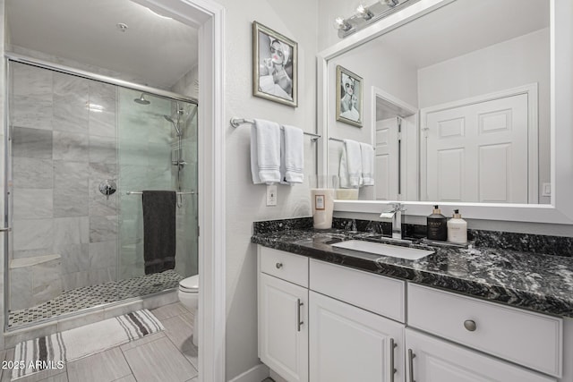 7575 E Indian Bend Rd Unit 1142, Scottsdale, AZ 85250 - full bathroom featuring vanity, a stall shower, toilet, and tile patterned floors