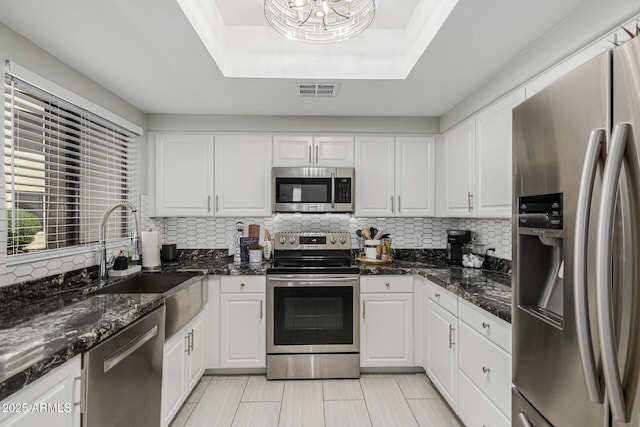 7575 E Indian Bend Rd Unit 1142, Scottsdale, AZ 85250 - kitchen featuring appliances with stainless steel finishes, a sink, backsplash, and white cabinetry
