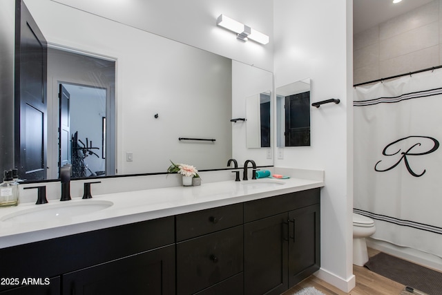 bathroom featuring double vanity, a sink, wood finished floors, and toilet
