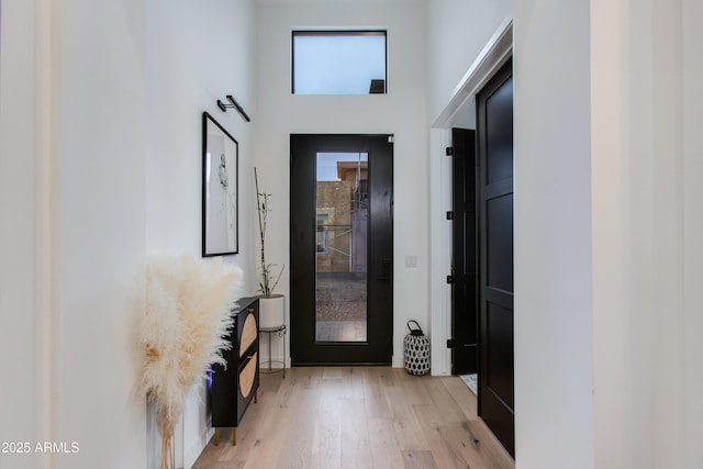 foyer with light wood finished floors and a towering ceiling